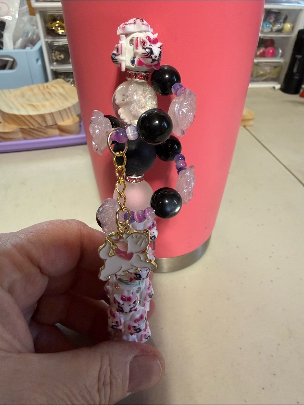 Handcrafted Pink & Black Beaded Pen  - Cute Cat Accent